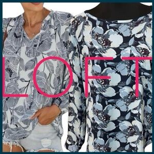 LOFT Navy/Light Blue Floral Long Sleeve Scoop Neck Blouse Top (M)